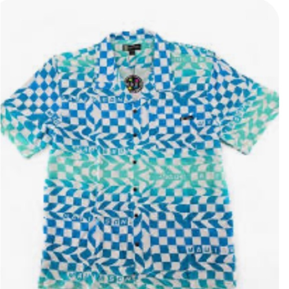 Maui and Sons Mens Blue Teal Wavy Checkered Viscose Camp Shirt Small NWT
